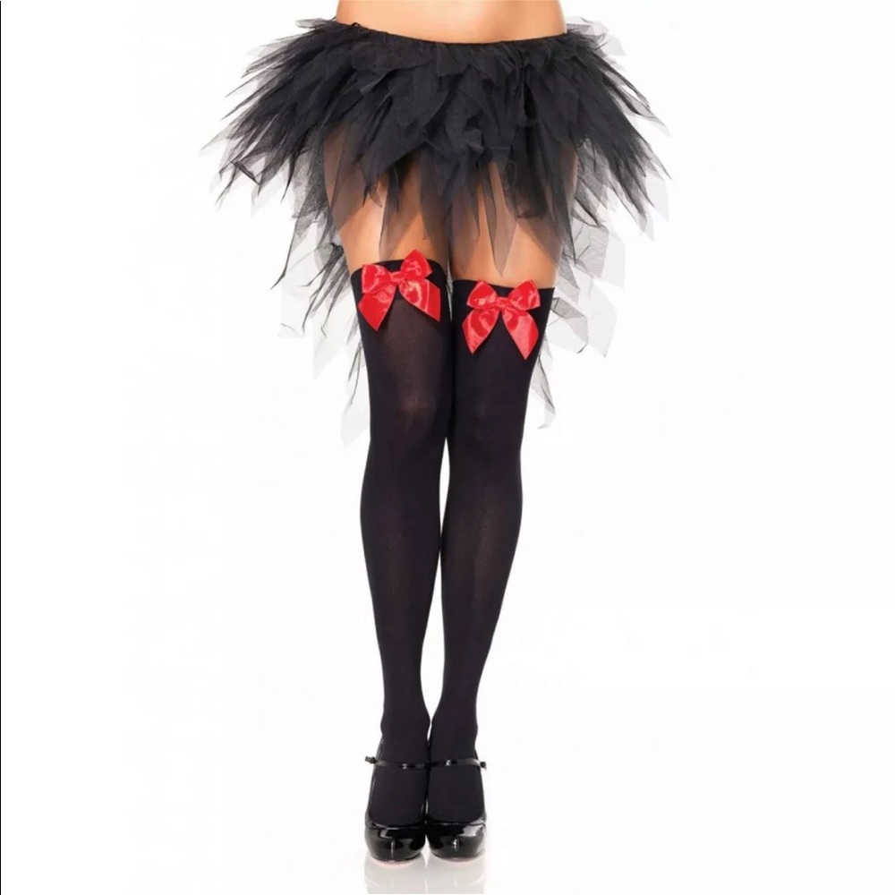 Black thigh highs stockings with red satin bows